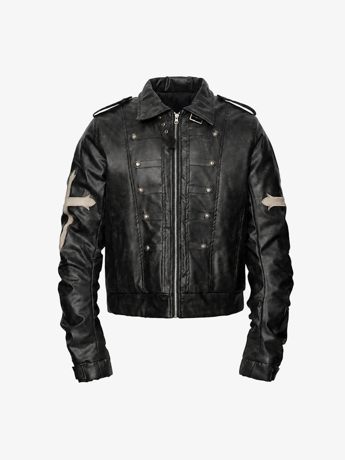 Cropped Kunstleder Military Jacke mit Cross Patches – Schwarz, Vorderansicht, Kragen offen | XoKool