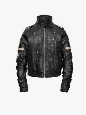 Cropped Kunstleder Military Jacke mit Cross Patches – Schwarz, Vorderansicht | XoKool
