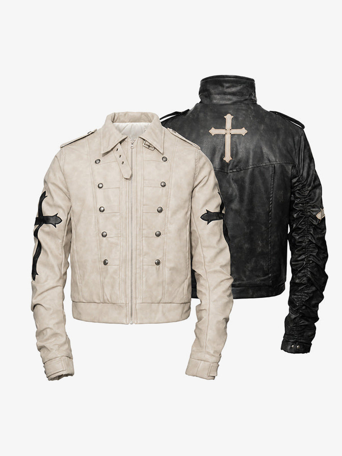 Kunstlederjacke mit Cross Patches – Creme und Schwarz zusammen | XoKool