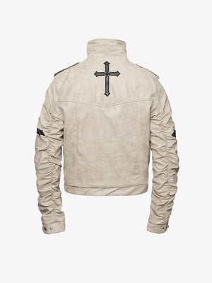 Kunstlederjacke mit Cross Patches – Creme, Rückansicht mit Kreuz | XoKool
