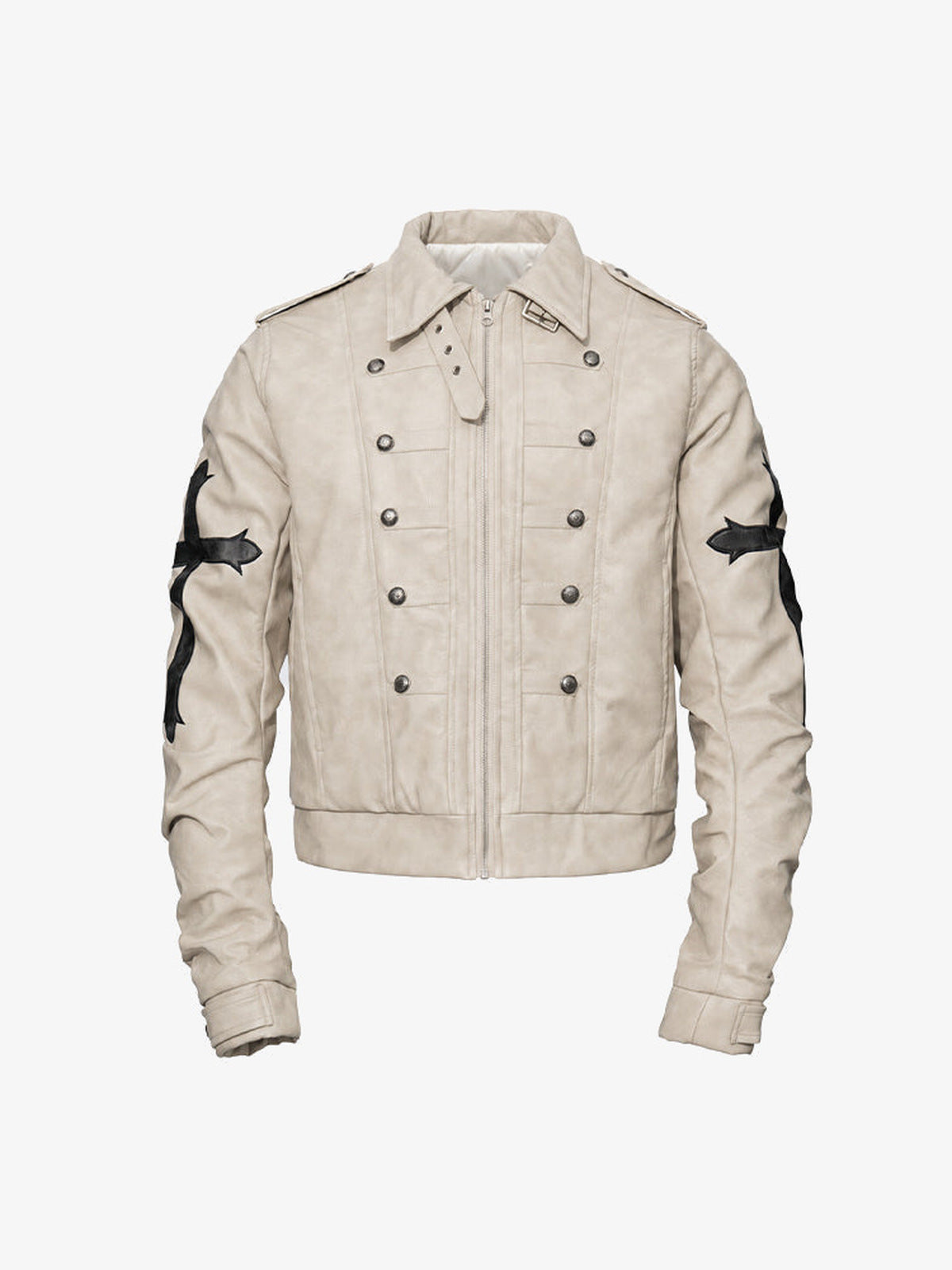 Kunstlederjacke mit Cross Patches – Creme, Vorderansicht, Kragen offen | XoKool