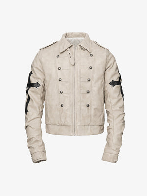 Kunstlederjacke mit Cross Patches – Creme, Vorderansicht, Kragen offen | XoKool