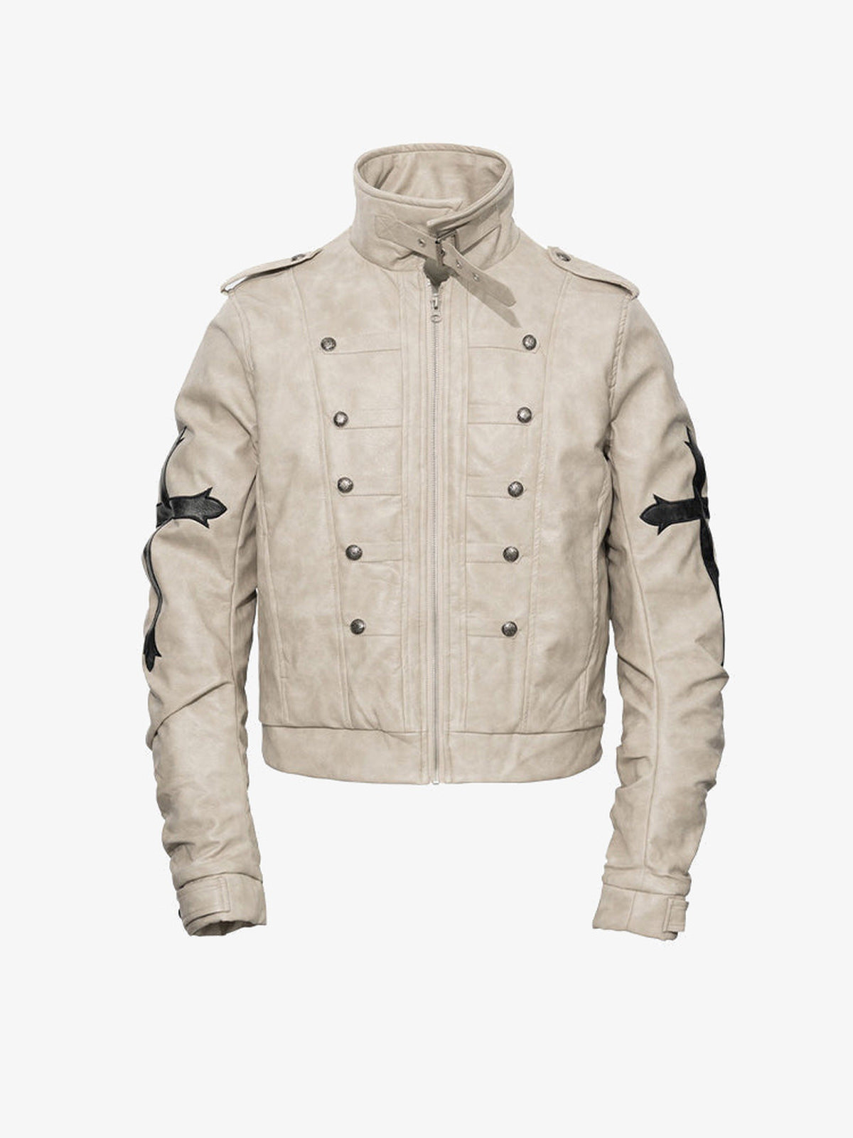 Cropped Kunstleder Military Jacke mit Cross Patches – Creme, Vorderansicht | XoKool