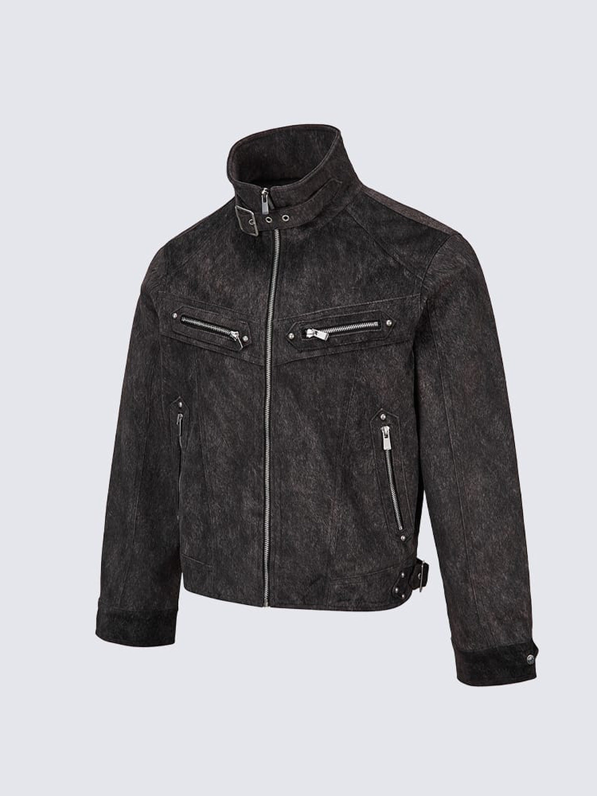 Kunstwildleder-Bikerjacke – Schwarz, schräge Vorderansicht | XoKool