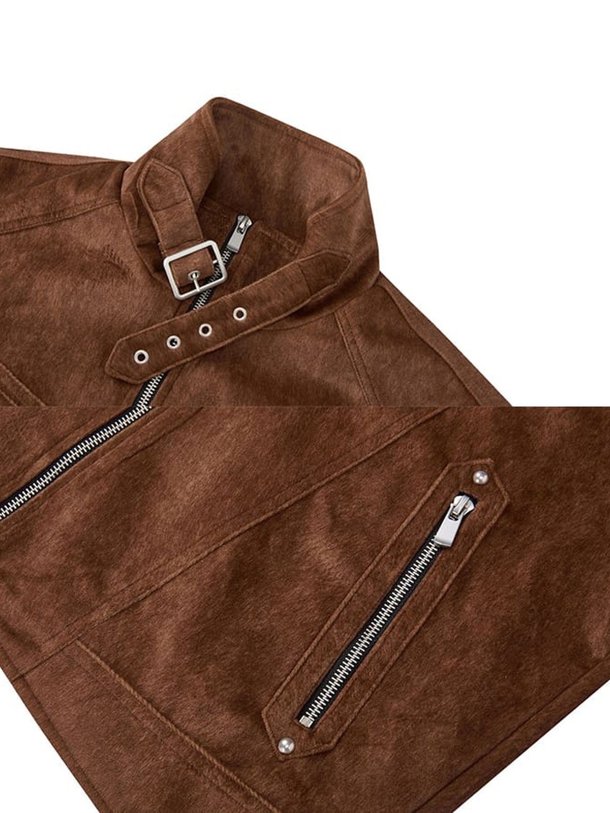 Kunstwildleder-Bikerjacke – Braun, Nahaufnahme Kragenschnalle und Tasche | XoKool