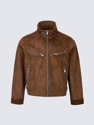 Kurze Kunstwildleder-Bikerjacke mit Schnallenkragen – Braun, Vorderansicht | XoKool