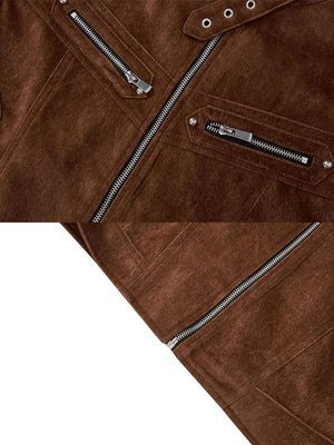 Kunstwildleder-Bikerjacke – Braun, Nahaufnahme Tasche mit Reißverschluss | XoKool