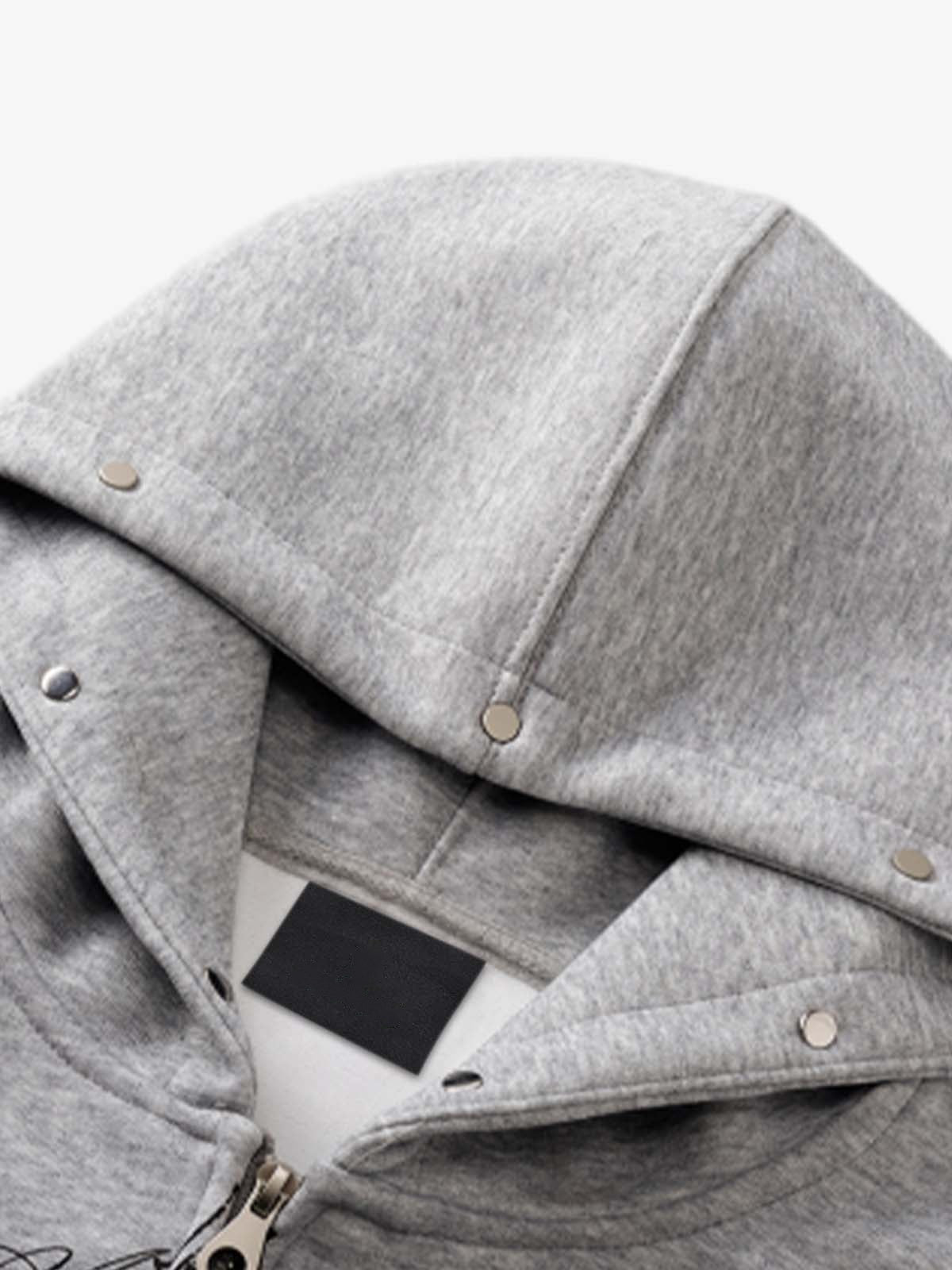 Cropped Gothic Cross Zip Up Hoodie with Studs – Heather Grey, hood and neck close-up | XoKool
