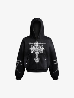 Gothic zip up hoodie – Black, front view | XoKool