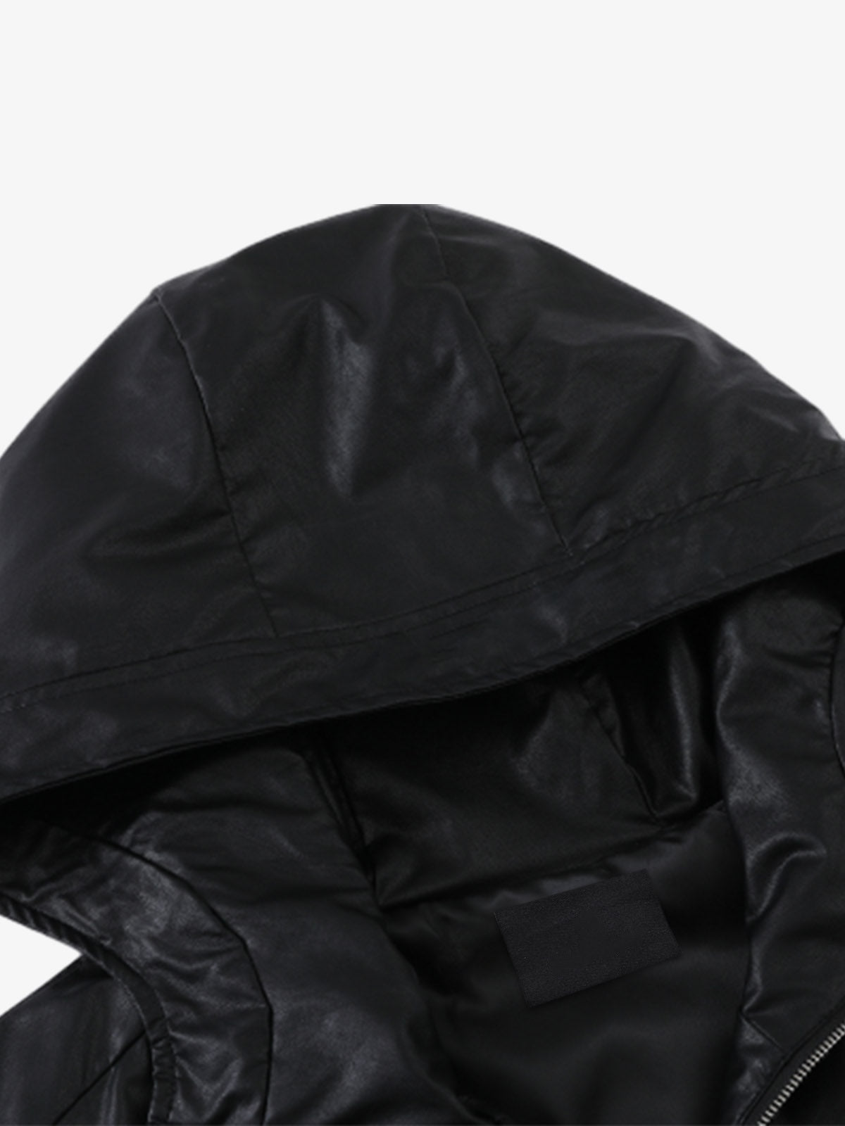 Cropped Hooded Faux Leather Bomber Jacket – Black, hood and lining close-up | XoKool