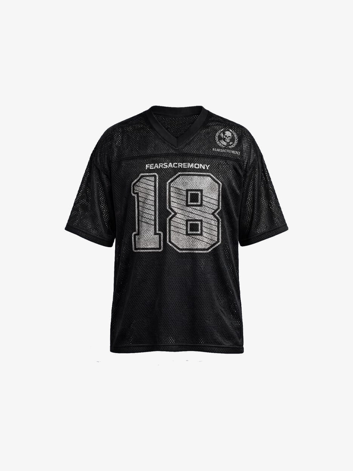 Cropped Mesh Football Jersey with Distressed Number – Black V-neck '18' flat lay | XoKool