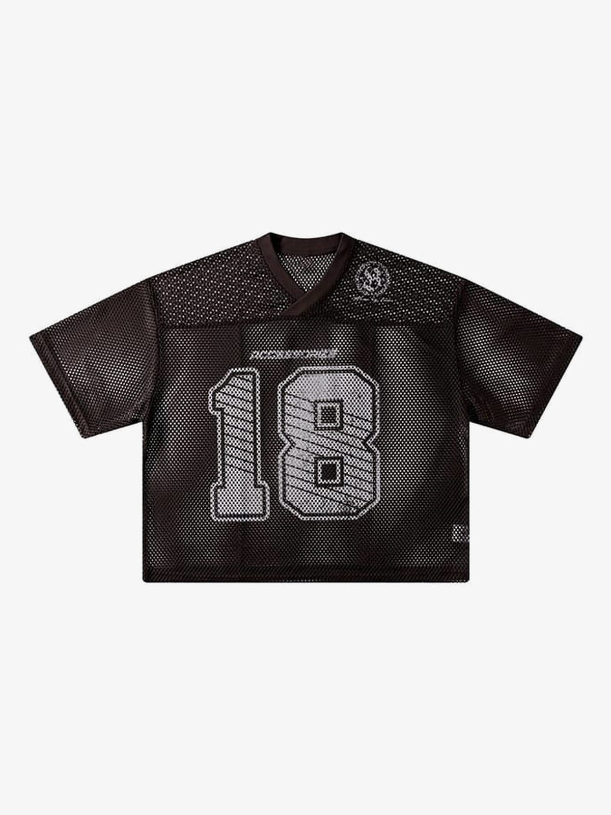 Mesh football jersey – Brown V-neck '18' flat lay | XoKool