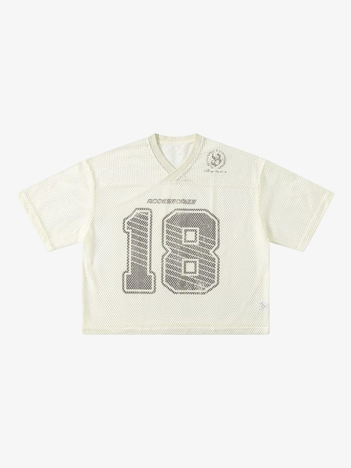 Mesh football jersey – Cream V-neck '18' flat lay | XoKool