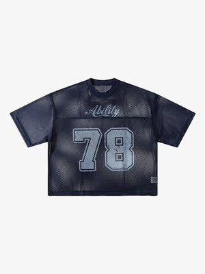 Mesh football jersey – Navy round neck flat lay | XoKool
