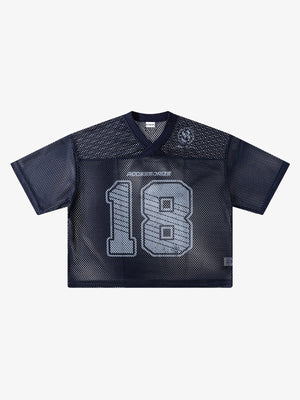 Cropped Mesh Football Jersey with Distressed Number – Navy V-neck '18' flat lay | XoKool
