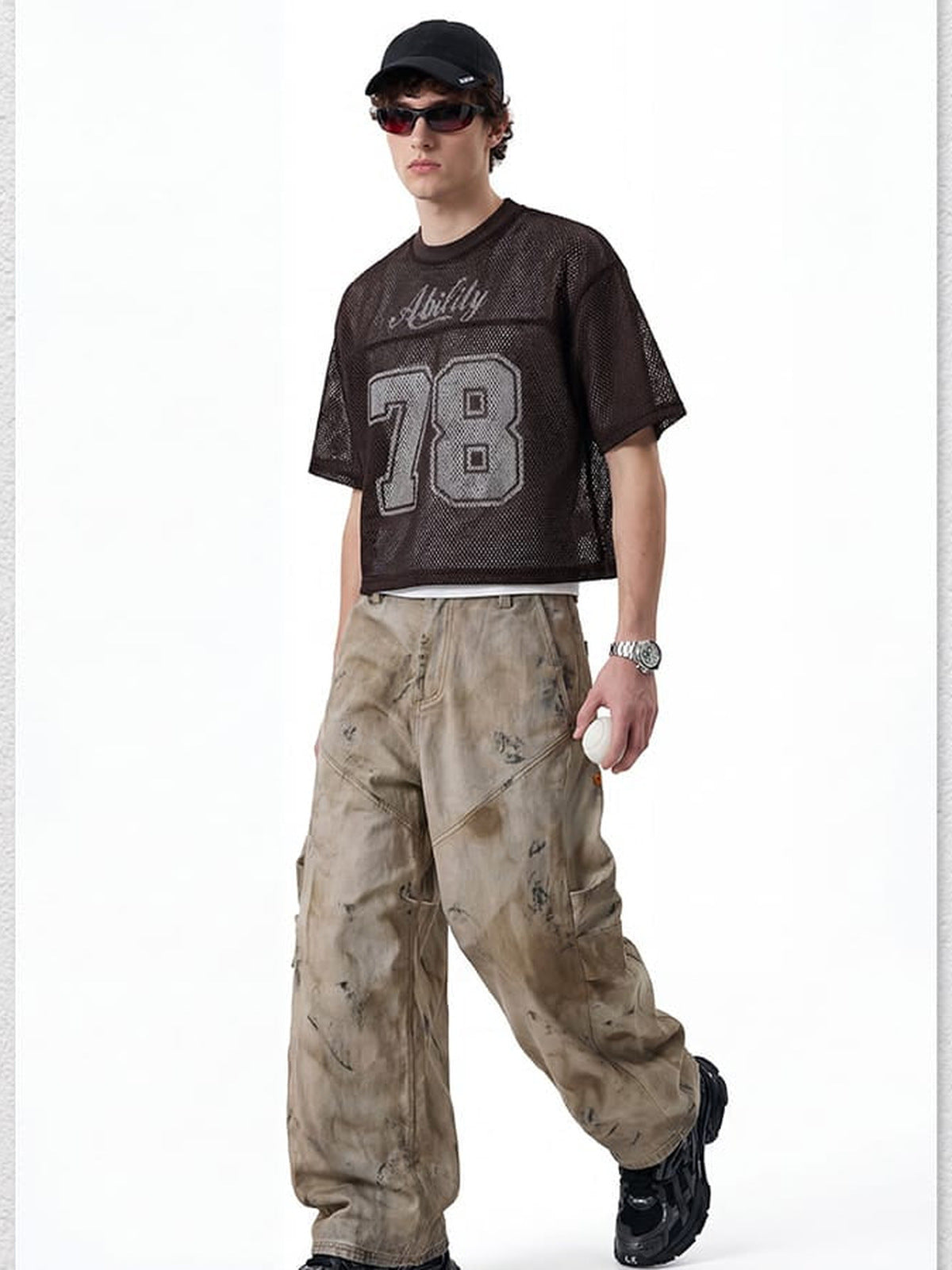 Mesh football jersey – On model, brown, full length | XoKool