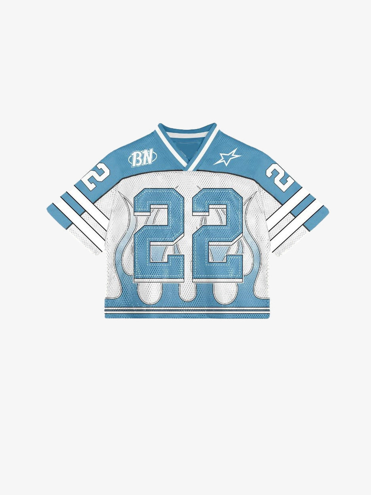 Cropped Mesh V Neck Football Jersey, Striped Sleeves – Blue, front flat | XoKool
