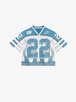 Cropped Mesh V Neck Football Jersey, Striped Sleeves – Blue, front flat | XoKool
