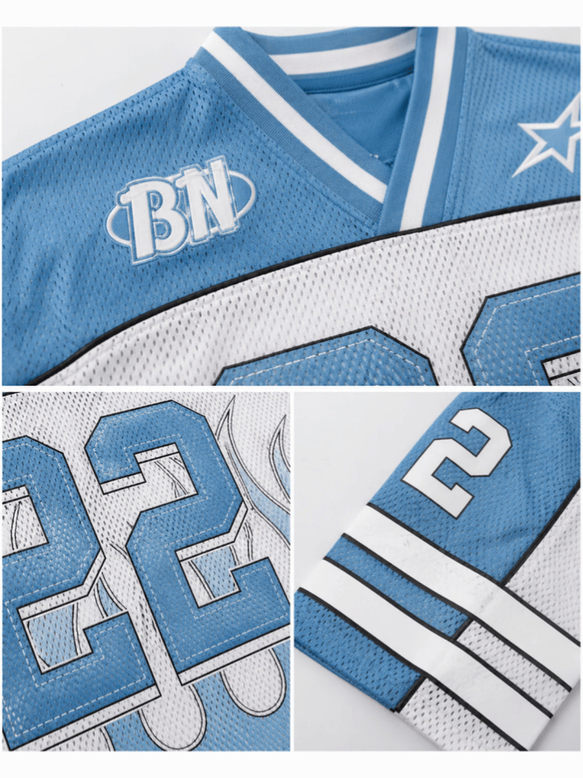 Cropped Mesh V Neck Football Jersey, Striped Sleeves – Blue, mesh and number close-ups | XoKool