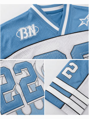 Cropped Mesh V Neck Football Jersey, Striped Sleeves – Blue, mesh and number close-ups | XoKool