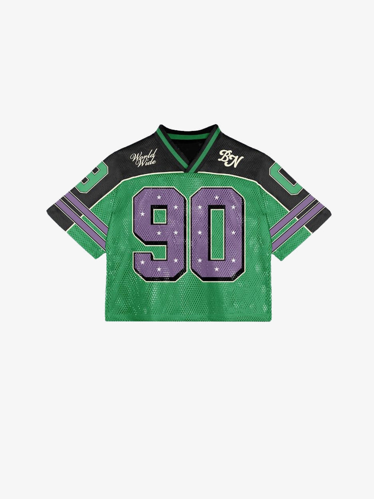 Cropped Mesh V Neck Football Jersey, Striped Sleeves – Green, front flat | XoKool
