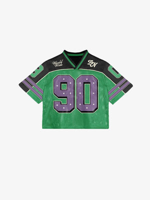 Cropped Mesh V Neck Football Jersey, Striped Sleeves – Green, front flat | XoKool