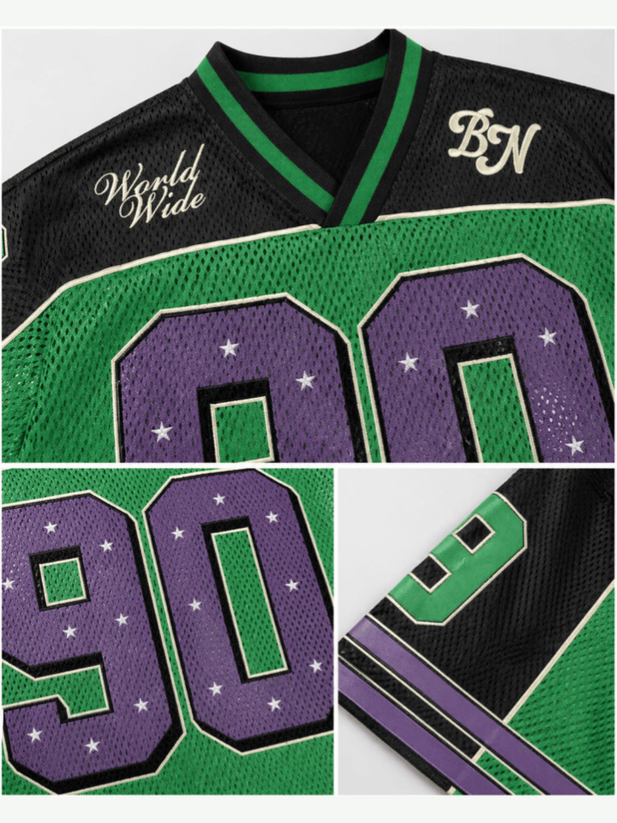 Cropped Mesh V Neck Football Jersey, Striped Sleeves – Green, number and collar close-ups | XoKool