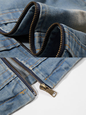 Military Jeansjacke – Hellblau, Kragen und Reißverschluss, Nahaufnahme | XoKool
