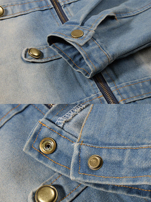 Military Jeansjacke – Hellblau, Bündchen und Druckknopf, Nahaufnahme | XoKool