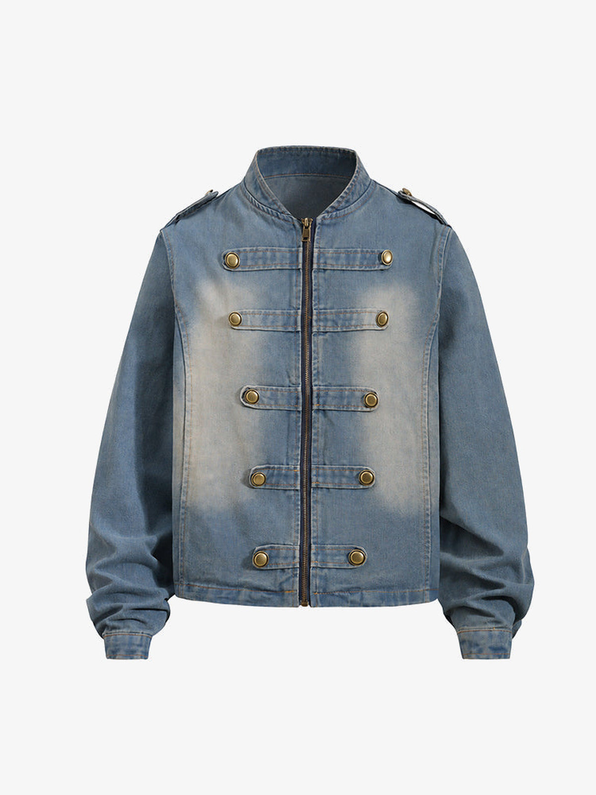 Cropped Military Jeansjacke mit Druckknopf-Riemen – Hellblau, Vorderseite | XoKool