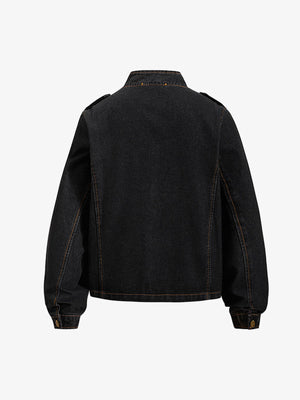 Cropped Military Jeansjacke mit Druckknopf-Riemen – Washed Schwarz, Rückseite | XoKool