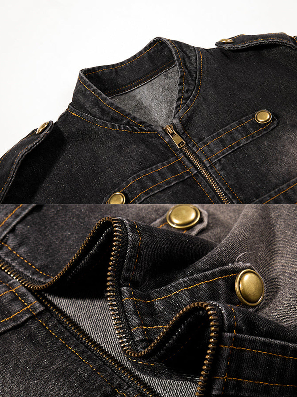 Military Jeansjacke – Washed Schwarz, Kragen und Druckknöpfe, Nahaufnahme | XoKool