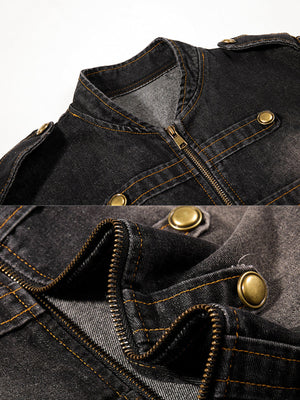 Military Jeansjacke – Washed Schwarz, Kragen und Druckknöpfe, Nahaufnahme | XoKool