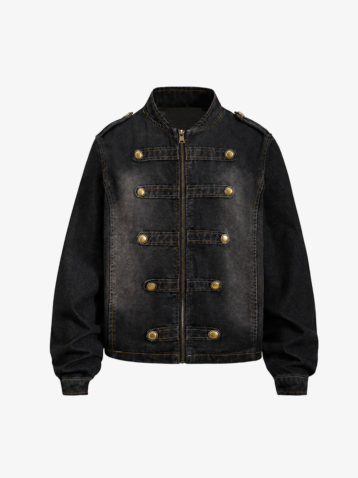 Cropped Military Jeansjacke mit Druckknopf-Riemen – Washed Schwarz, Vorderseite | XoKool