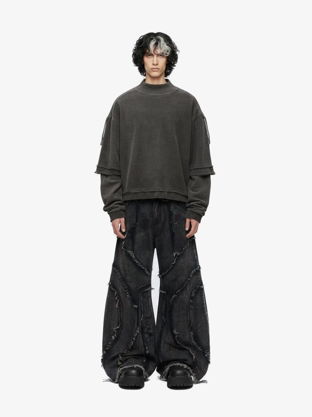 Cropped Mock Neck Sweatshirt with Layered Sleeves – on model, front | XoKool