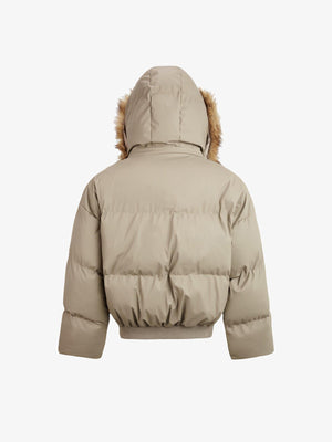 Cropped fur hood puffer – Beige, back view | XoKool