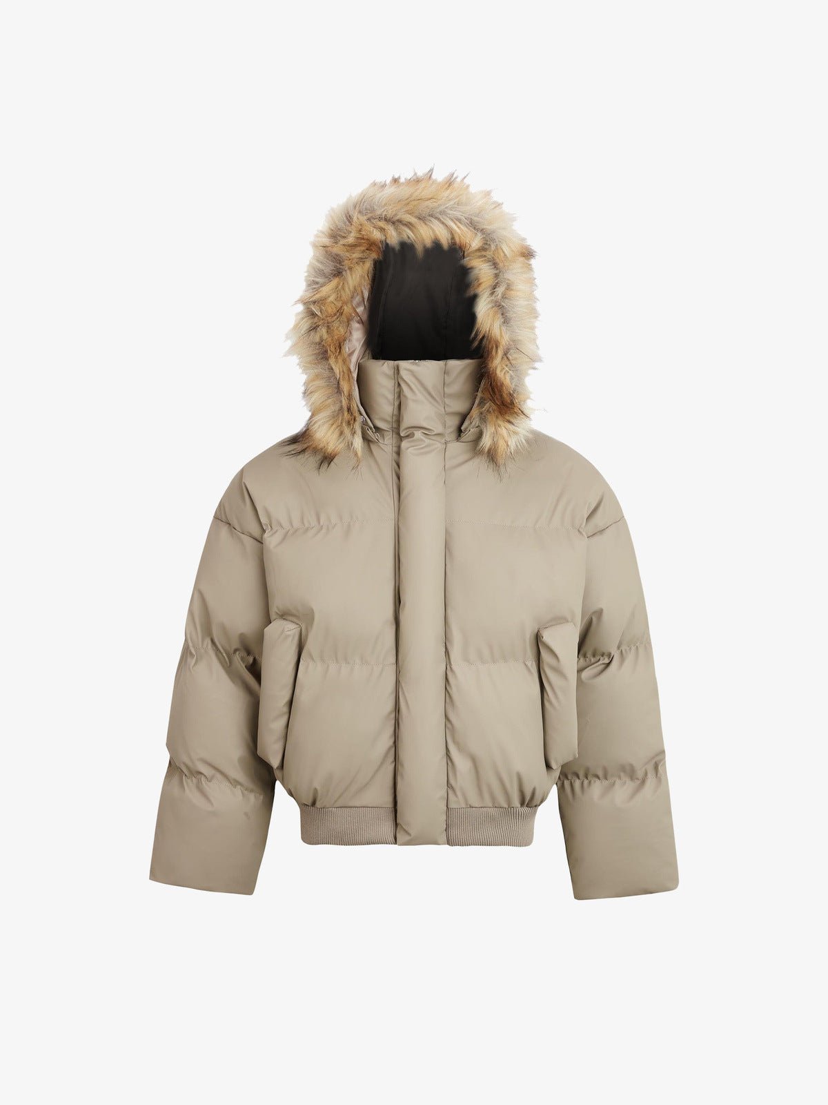 Cropped Puffer Jacket with Fur Trim Hood – Beige, front view | XoKool