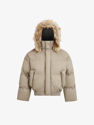 Cropped Puffer Jacket with Fur Trim Hood – Beige, front view | XoKool