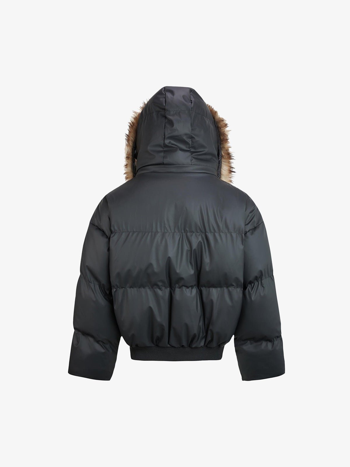 Cropped fur hood puffer – Black, back view | XoKool