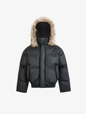 Cropped Puffer Jacket with Fur Trim Hood – Black, front view | XoKool