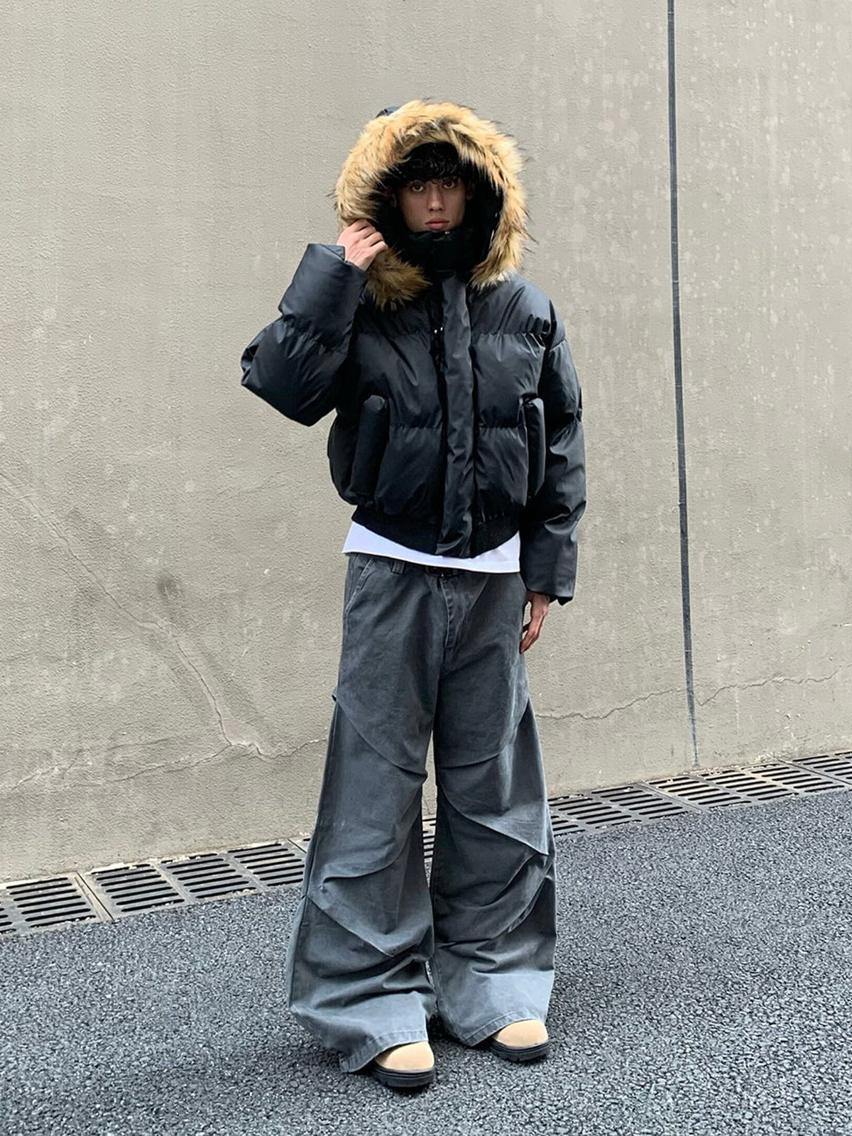 Cropped Puffer Jacket with Fur Trim Hood – Black, on model, hood up | XoKool