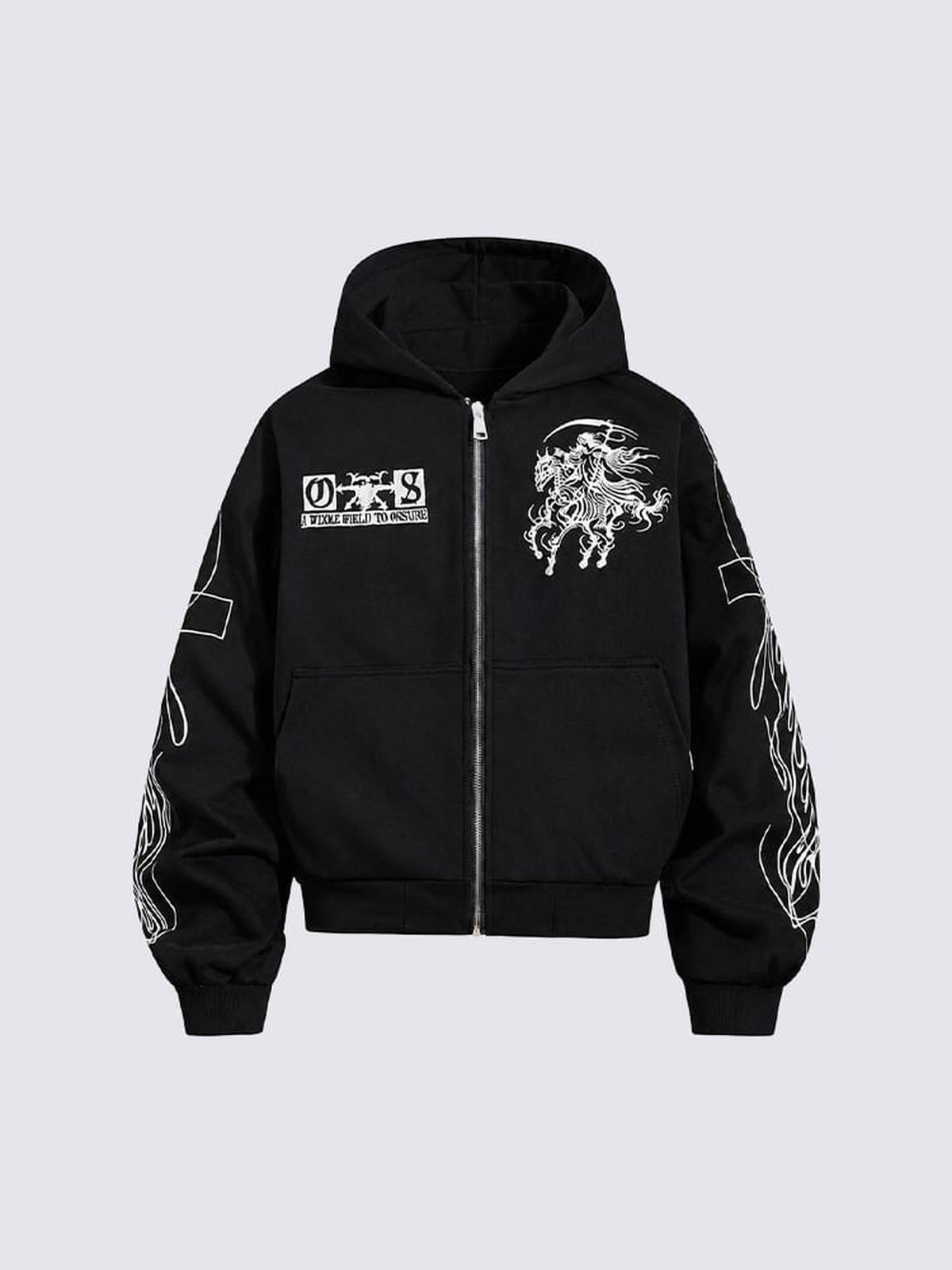 Cropped Skeleton Rider Zip Hoodie – Schwarz, Vorderansicht | XoKool