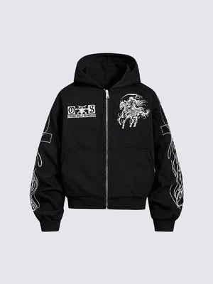 Cropped Skeleton Rider Zip Hoodie – Schwarz, Vorderansicht | XoKool