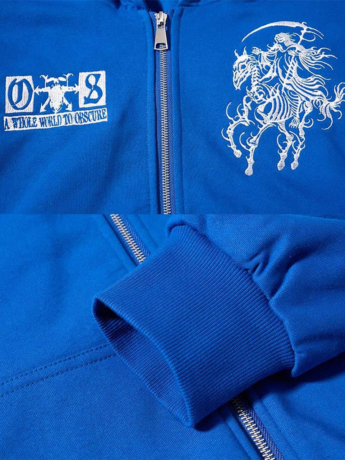 Skeleton Zip Hoodie – Königsblau, Brust-Print und Bündchen im Detail | XoKool
