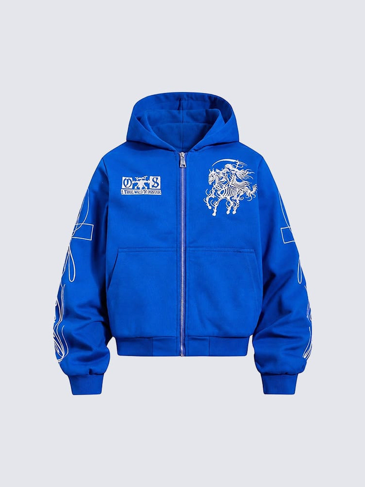 Cropped Skeleton Rider Zip Hoodie – Königsblau, Vorderansicht | XoKool