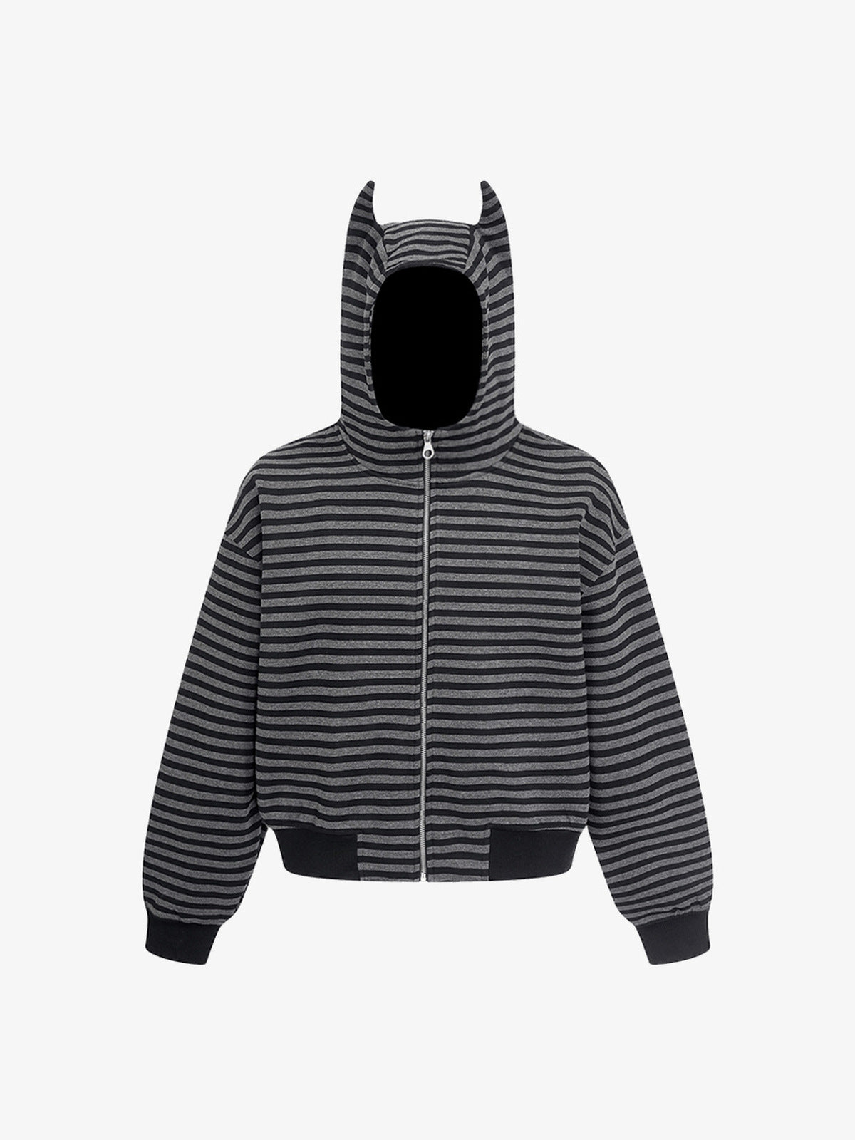 Cropped gestreifter Zip Hoodie mit Teufelshörnern – Vorderansicht | XoKool