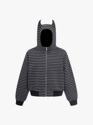 Cropped gestreifter Zip Hoodie mit Teufelshörnern – Vorderansicht | XoKool