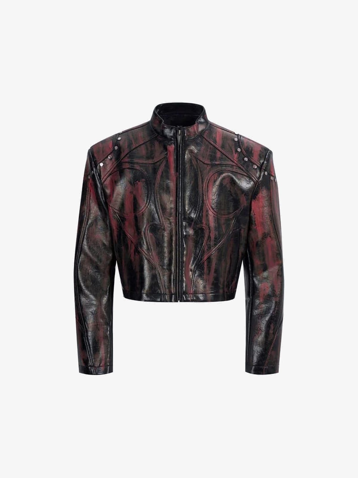 Cropped Studded Faux Leather Racer Jacket – Black-Red, front view | XoKool