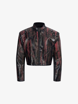 Cropped Studded Faux Leather Racer Jacket – Black-Red, front view | XoKool