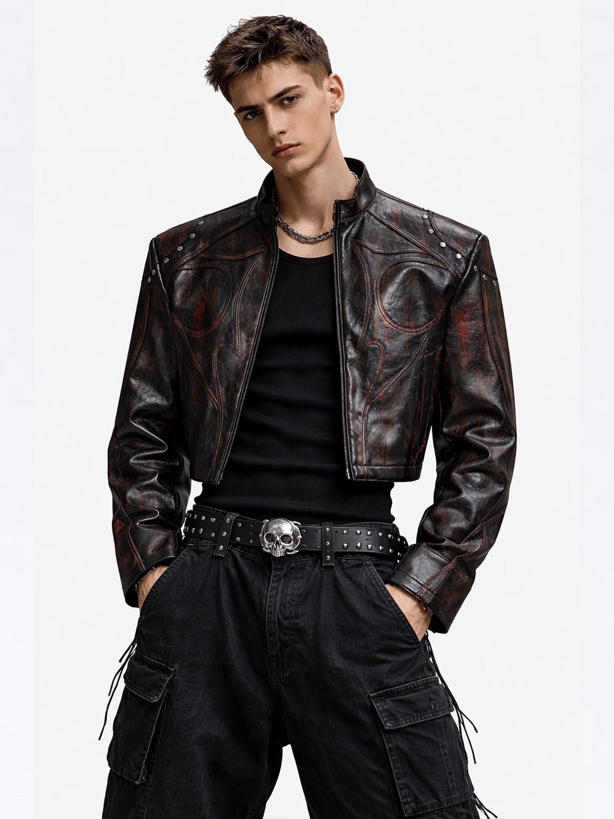 Cropped Studded Faux Leather Racer Jacket – Black-Red, on model, front | XoKool